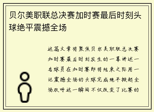 贝尔美职联总决赛加时赛最后时刻头球绝平震撼全场 贝尔美职联总决赛加时赛最后时刻头球绝平震撼全场